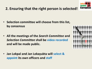 2. Ensuring that the right person is selected! Selection committee will choose from this list, by consensus All the meetings of the  Search Committee  and  Selection Committee  shall be   video recorded  and will be made public.  Jan Lokpal and Jan Lokayukta will  select & appoint  its own officers and  staff 