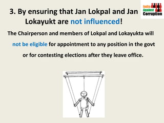 3. By ensuring that Jan Lokpal and Jan Lokayukt are  not influenced ! The Chairperson and members of Lokpal and Lokayukta will  not be eligible  for appointment to any position in the govt or for contesting elections after they leave office.  