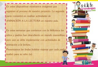 En estas diapositivas mostramos imágenes que
registran el proceso de nuestro proyecto. La segunda
parte consistirá en realizar actividades de
ANIMACIÓN A LA LECTURA en nuestra aula.
En estas semanas que contamos con la biblioteca los
niños y padres han descubierto un mundo maravilloso
pero aún se debe implementar con actividades de
animación a la lectura.
Presentamos las lindas bolsitas viajeras que cada padre
realizó para su niño (a).
 