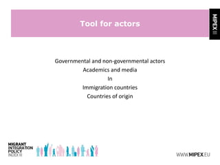 Tool for actors
Governmental and non-governmental actors
Academics and media
In
Immigration countries
Countries of origin
 