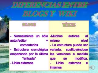 Blogs                       Wikis

- Normalmente un sólo      -Muchos      autores    al
autor/editor           +   mismo                nivel
       comentarios         - La estructura puede ser
- Estructura cronológica   variada, sustituyéndose
empezando por la última    las versiones a medida
         "entrada"         que       se     modifica.
- Links externos           -    Links   externos    e
                           internos
 
