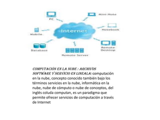 Computación en la nube : archivos
software y servicio en lineala: computación

en la nube, concepto conocido también bajo los
términos servicios en la nube, informática en la
nube, nube de cómputo o nube de conceptos, del
inglés coluda computan, es un paradigma que
permite ofrecer servicios de computación a través
de Internet

 