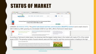 STATUS OF MARKET
http://www.businesswire.com/news/home/20160119005901/en/Technavio-Expects-Global-Web-Based-Real-Time-
Communication
 
