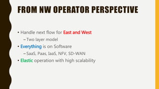 FROM NW OPERATOR PERSPECTIVE
• Handle next flow for East and West
– Two layer model
• Everything is on Software
– SaaS, Paas, IaaS, NFV, SD-WAN
• Elastic operation with high scalability
 