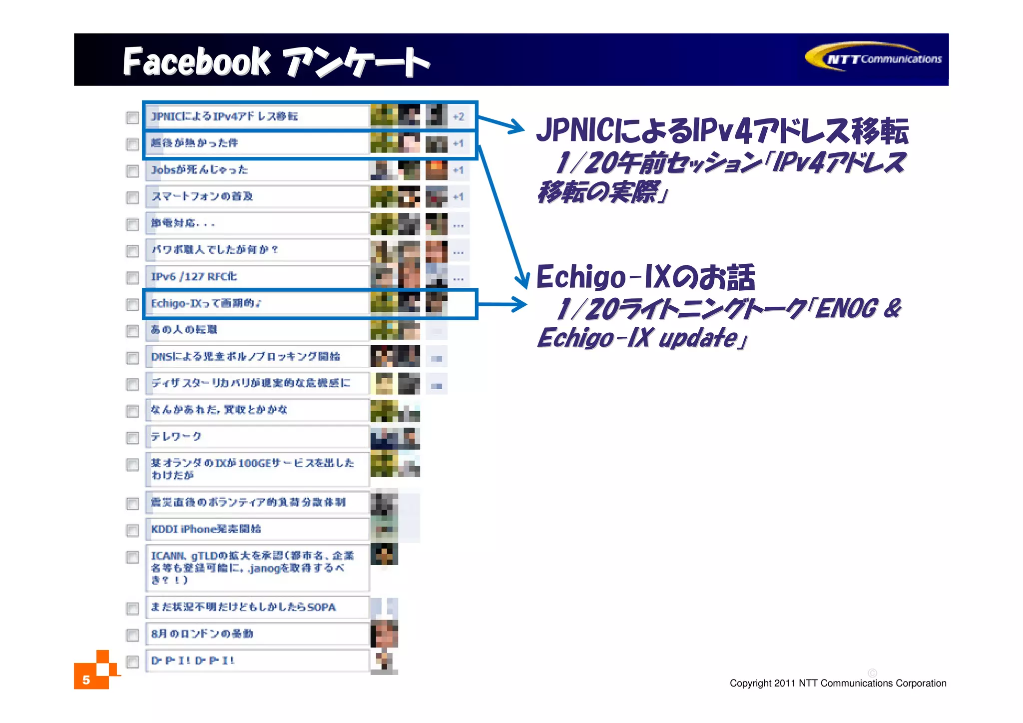 ©
Copyright 2011 NTT Communications Corporation5
FacebookFacebook アンケートアンケート
JPNICによるIPv4アドレス移転
1/201/20午前セッション「午前セッション「IPv4IPv4アドレスアドレス
移転の実際」移転の実際」
Echigo-IXのお話
1/201/20ライトニングトーク「ライトニングトーク「ENOG &ENOG &
EchigoEchigo--IX updateIX update」」
 