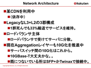 Network Architecture

某CDNを利用中
 （依存中）
LegacyなL3+L2の3郡構成
 1群死んでも33%縮退でサービスを維持。
ロードバランサ主体
 ロードバランサで受けてサーバに分散。
現在Aggregationレイヤーも10G化を推進中
 サーバスイッチ間の10G化はこれから。
 10GBase-T大丈夫かな。。
 既につないでいる所はSFP+かTwinaxで接続中。  7
 