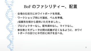 BoF のファシリティー、配置
●
    会場の左前方にホワイトボードを用意。
●
    ワークショップ用に付箋紙、ぺんを準備。
    ( 協賛各社様から提供いただきました ) 。
●
    プロジェクターなし。配布資料なし。マイクなし。
●
    参加者とモデレータの間の距離が近くなるように、ホワイ
    トボードの回りに半円形に椅子を並べる。




                                 3
 