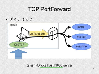 9
TCP PortForward
● ダイナミック
% ssh -D[localhost:]1080 server
 