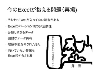 • そもそもExcelが入ってない端末がある
• Excelのバージョン間の非互換性
•
分散しすぎるデータ
•
困難なデータ共有
• 理解不能なマクロ、VBA
•
向いていない作業も
Excelでやらされる
今のExcelが抱える問題（再掲)
 