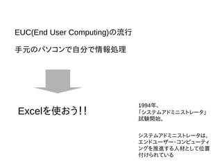 EUC(End User Computing)の流行
手元のパソコンで自分で情報処理
Excelを使おう！！
1994年、
「システムアドミニストレータ」
試験開始。
システムアドミニストレータは、
エンドユーザー・コンピューティ
ングを推進する人材として位置
付けられている
 