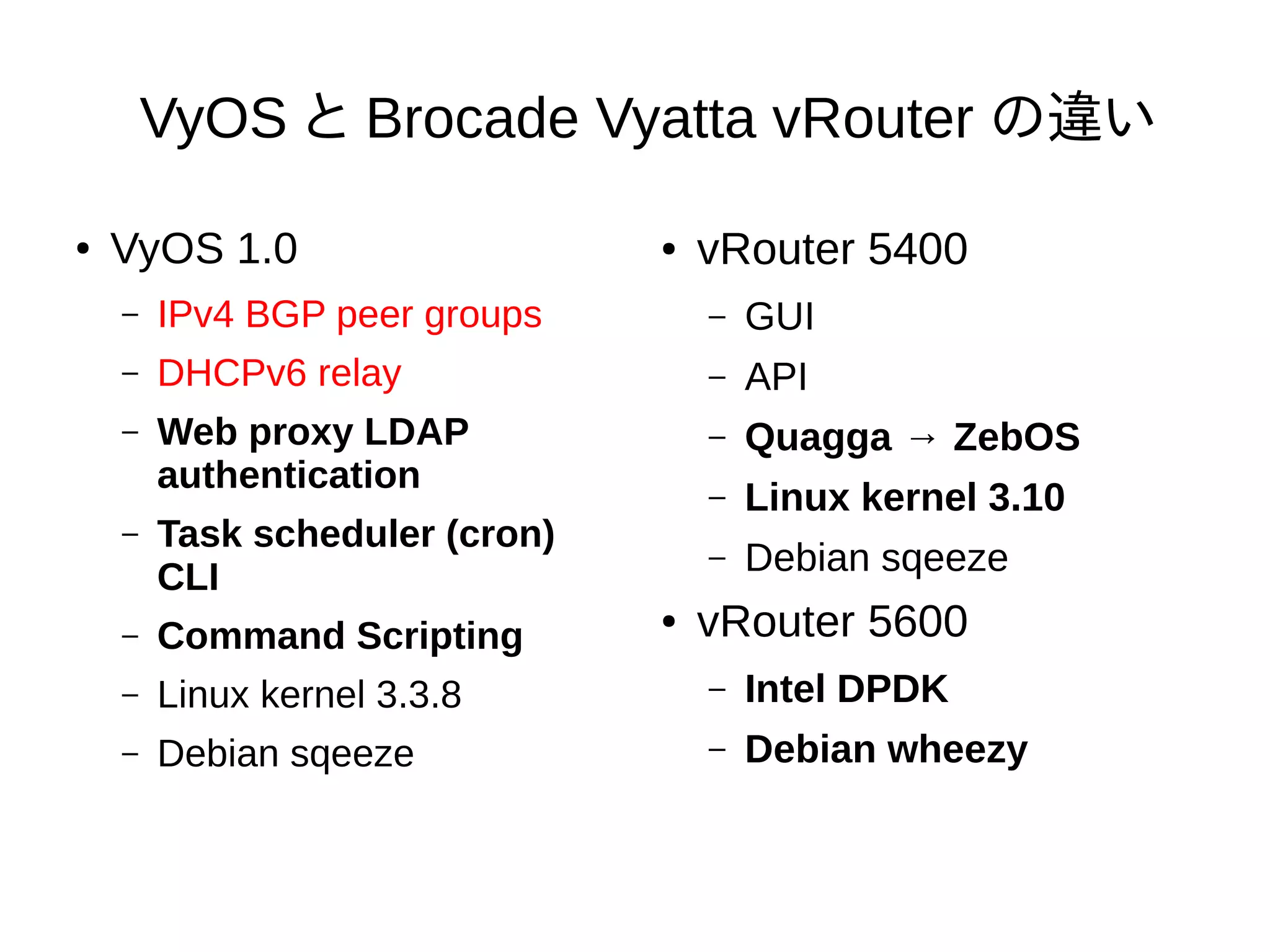 VyOS と Brocade Vyatta vRouter の違い
● VyOS 1.0
– IPv4 BGP peer groups
– DHCPv6 relay
– Web proxy LDAP
authentication
– Task scheduler (cron)
CLI
– Command Scripting
– Linux kernel 3.3.8
– Debian squeeze
● vRouter 5400
– GUI
– API
– Quagga → ZebOS
– Linux kernel 3.10
– Debian squeeze
● vRouter 5600
– Intel DPDK
– Debian wheezy
 