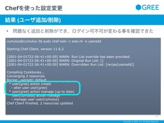 Copyright © GREE, Inc. All Rights Reserved.
• 問題なく追加と削除ができ、ログイン可不可が変わる事を確認できた
Chefを使った設定変更
12
サブタイトルテキスト
結果 (ユーザ追加/削除)
cumulus@cumulus-3$ sudo chef-solo -c solo.rb -o useradd
Starting Chef Client, version 11.6.2
[2001-04-01T22:06:41+00:00] WARN: Run List override has been provided.
[2001-04-01T22:06:41+00:00] WARN: Original Run List: []
[2001-04-01T22:06:41+00:00] WARN: Overridden Run List: [recipe[useradd]]
Compiling Cookbooks...
Converging 2 resources
Recipe: useradd::default
* user[gree] action create
- alter user user[gree]
* user[gree] action manage (up to date)
* user[cumulus] action manage
- manage user user[cumulus]
Chef Client finished, 2 resources updated
 