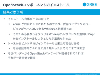 Copyright © GREE, Inc. All Rights Reserved.
• インストール自体が出来なかった
• kernelが独自ビルドされたものであり、依存ライブラリのバー
ジョンがベースOSであるWheezyと結構違った
• そのため必要なライブラリをWheezyのレポジトリを追加してapt
からインストールしようとしたが出来なかった
• ソースからビルドすればインストール出来た可能性はある
• 今回検証時間がそれほど長く無かったためそこまでは断念
• 今後ベンダーからOpenStackパッケージが提供されてくれば 
それが一番幸せで確実
OpenStackコンポーネントのインストール
19
サブタイトルテキスト
結果と思う所
 