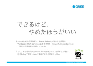 Copyright ? GREE, Inc. All Rights Reserved.
Ǥ뤱ɡ
??᤿ۤ
Router01,02νU·ϡRoute Reflector01νU·
?Validation줿CommunityܤȡꡢRoute Reflector02
??ͨνU·ǁᤵƤ
⤽ͬһASڤRouteReflector2̨äϤϡ
?ͬPolicy\äʤ¹ʤ𤭤Ԥߤ
 