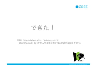 Copyright ? GREE, Inc. All Rights Reserved.
Ǥ
}ʤRouteReflector01ˤValidationǤ
?Client(Router01,02)ȤǤLPBestPathxkǤƤ
 