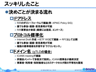©  BIGLOBE  Inc.  20156
スッキリしたこと
l 決めごとが決まる流れ
p IPアドレス
Ø RIRのポリシーフォーラムで議論(例: APNIC Policy SIG)
Ø 誰でも参加・提案・意見表明が可能
Ø RIR理事会が承認 (厳密には是認、エンドース)
p プロトコル標準化
Ø Internet Draft 作成 ->IETF WGにて議論 -> RFCとして公開
Ø 誰でも参加・提案・意見表明が可能
Ø 複数の標準規格を許容する「ラフコンセンス」
p ドメイン名  (gTLDの場合)
Ø ICANN meetingで議論
Ø 評議会メンバーで多数決で採択し、ICANN理事会が最終決定
Ø 事業者・利用者・知財権者などのステークホルダ間の平等性を重視
2015/7/17
 