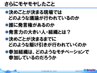 ©  BIGLOBE  Inc.  20157
さらにモヤモヤしたこと
l 決めごとが決まる現場では
どのような議論が行われているのか
l 誰に発言権があるのか
l 発言力の大きい人・組織とは？
l 決めごとが決まるまでに
どのような駆け引きが行われていくのか
l 参加組織は、どのようなモチベーションで
参加しているのだろうか
2015/7/17
 