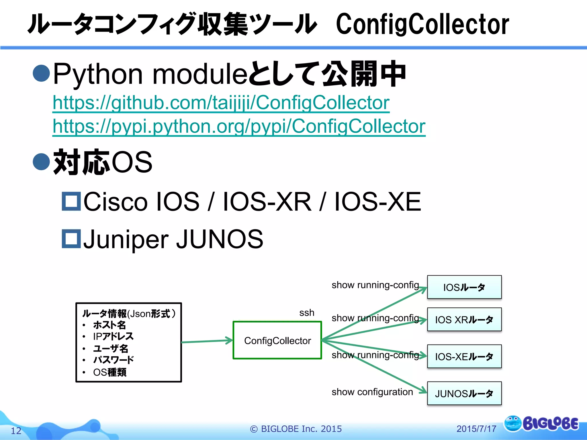 ©  BIGLOBE  Inc.  201512
ルータコンフィグ収集ツール　ConfigCollector
l Python moduleとして公開中
https://github.com/taijiji/ConfigCollector
https://pypi.python.org/pypi/ConfigCollector
l 対応OS
p Cisco IOS / IOS-XR / IOS-XE
p Juniper JUNOS
2015/7/17
ルータ情報(Json形式）
•  ホスト名
•  IPアドレス
•  ユーザ名
•  パスワード
•  OS種類
ConfigCollector
IOSルータ
IOS XRルータ
IOS-XEルータ
JUNOSルータ
ssh
show running-config
show configuration
show running-config
show running-config
 