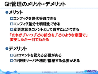 ©  BIGLOBE  Inc.  201510
Git管理のメリット・デメリット
l メリット
p コンフィグを世代管理できる
p コンフィグ差分を明確化できる
p 変更意図をコメントとして残すことができる
「だれが」「いつ」「どの部分を」「どのような意図で」
変更したか一目でわかる
l デメリット
p Gitコマンドを覚える必要がある
p Git管理サーバを利用/構築する必要がある
2015/7/17
 
