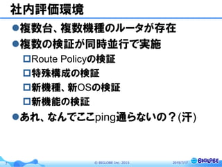 ©  BIGLOBE  Inc.  20157
社内評価環境
l 複数台、複数機種のルータが存在
l 複数の検証が同時並行で実施
p Route Policyの検証
p 特殊構成の検証
p 新機種、新OSの検証
p 新機能の検証
l あれ、なんでここping通らないの？(汗)
2015/7/17
 