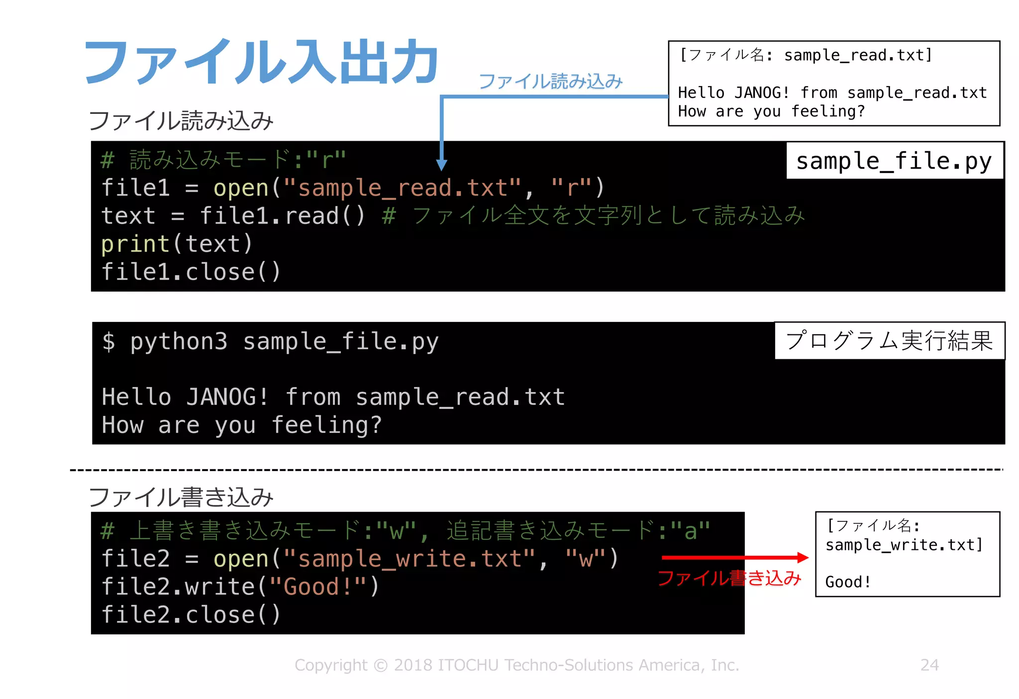 ファイル⼊出⼒
24
ファイル読み込み
ファイル書き込み
# 読み込みモード:"r"
file1 = open("sample_read.txt", "r")
text = file1.read() # ファイル全⽂を⽂字列として読み込み
print(text)
file1.close()
# 上書き書き込みモード:"w", 追記書き込みモード:"a"
file2 = open("sample_write.txt", "w")
file2.write("Good!")
file2.close()
$ python3 sample_file.py
Hello JANOG! from sample_read.txt
How are you feeling?
sample_file.py
プログラム実⾏結果
[ファイル名: sample_read.txt]
Hello JANOG! from sample_read.txt
How are you feeling?
[ファイル名:
sample_write.txt]
Good!
ファイル読み込み
ファイル書き込み
Copyright © 2018 ITOCHU Techno-Solutions America, Inc.
 