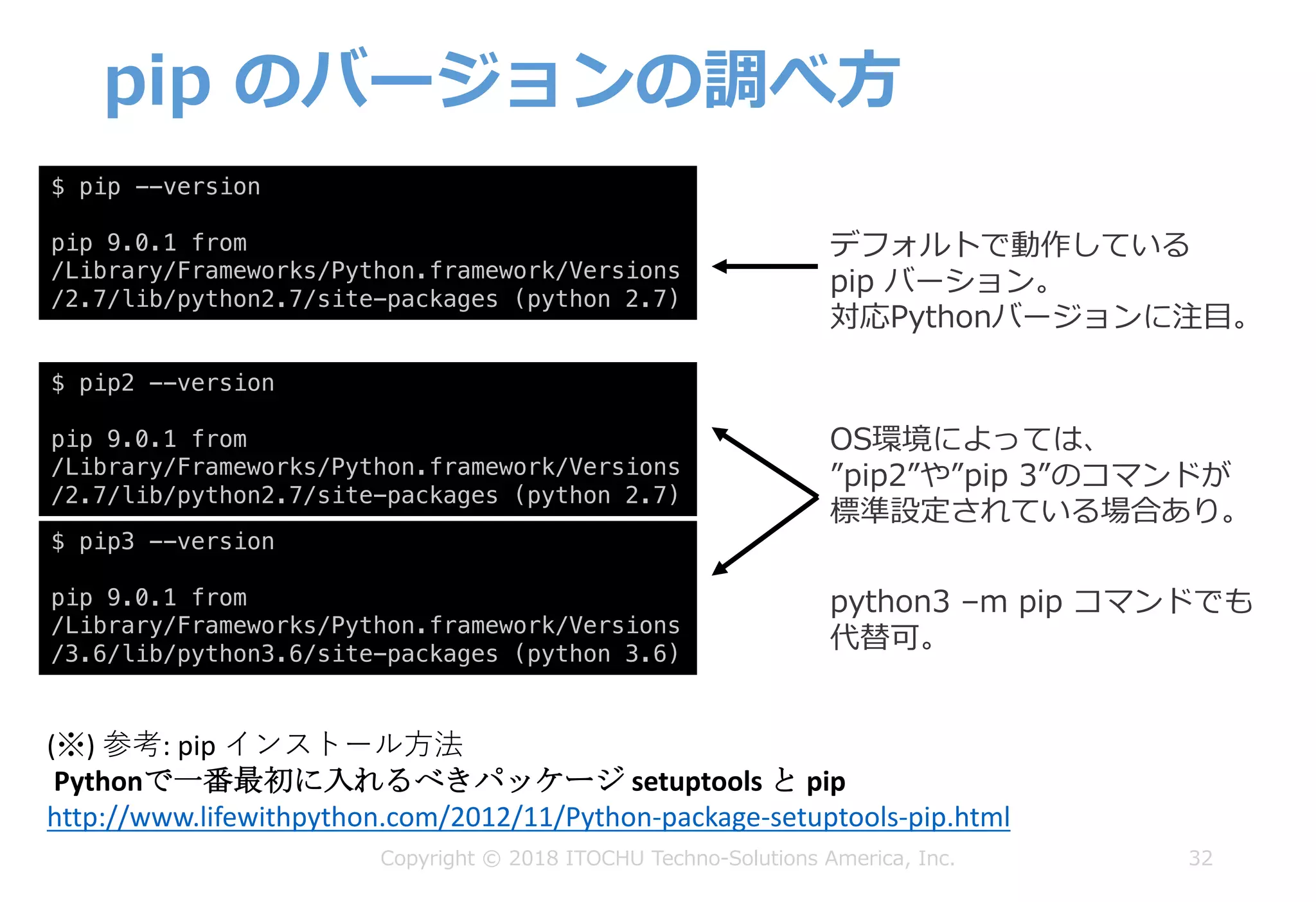pip のバージョンの調べ⽅
32
$ pip --version
pip 9.0.1 from
/Library/Frameworks/Python.framework/Versions
/2.7/lib/python2.7/site-packages (python 2.7)
$ pip2 --version
pip 9.0.1 from
/Library/Frameworks/Python.framework/Versions
/2.7/lib/python2.7/site-packages (python 2.7)
$ pip3 --version
pip 9.0.1 from
/Library/Frameworks/Python.framework/Versions
/3.6/lib/python3.6/site-packages (python 3.6)
デフォルトで動作している
pip バーション。
対応Pythonバージョンに注⽬。
OS環境によっては、
”pip2”や”pip 3”のコマンドが
標準設定されている場合あり。
(※)	参考:	pip	インストール⽅法
Pythonで一番最初に入れるべきパッケージ setuptools と pip
http://www.lifewithpython.com/2012/11/Python-package-setuptools-pip.html
python3 –m pip コマンドでも
代替可。
Copyright © 2018 ITOCHU Techno-Solutions America, Inc.
 