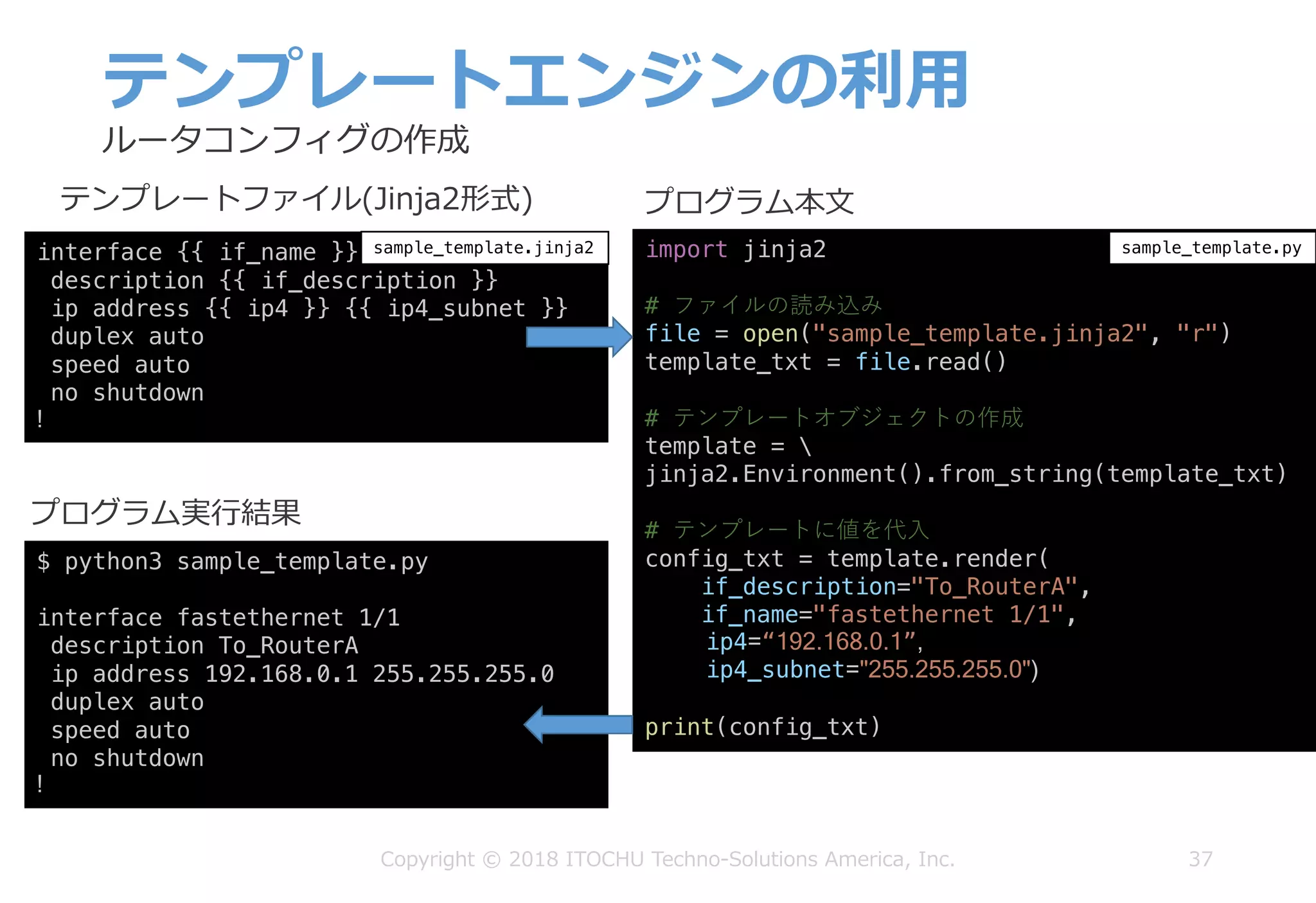 テンプレートエンジンの利⽤
37Copyright © 2018 ITOCHU Techno-Solutions America, Inc.
interface {{ if_name }}
description {{ if_description }}
ip address {{ ip4 }} {{ ip4_subnet }}
duplex auto
speed auto
no shutdown
!
テンプレートファイル(Jinja2形式)
import jinja2
# ファイルの読み込み
file = open("sample_template.jinja2", "r")
template_txt = file.read()
# テンプレートオブジェクトの作成
template = 
jinja2.Environment().from_string(template_txt)
# テンプレートに値を代⼊
config_txt = template.render(
if_description="To_RouterA",
if_name="fastethernet 1/1",
ip4=“192.168.0.1”,
ip4_subnet="255.255.255.0")
print(config_txt)
$ python3 sample_template.py
interface fastethernet 1/1
description To_RouterA
ip address 192.168.0.1 255.255.255.0
duplex auto
speed auto
no shutdown
!
sample_template.jinja2 sample_template.py
プログラム本⽂
プログラム実⾏結果
ルータコンフィグの作成
 