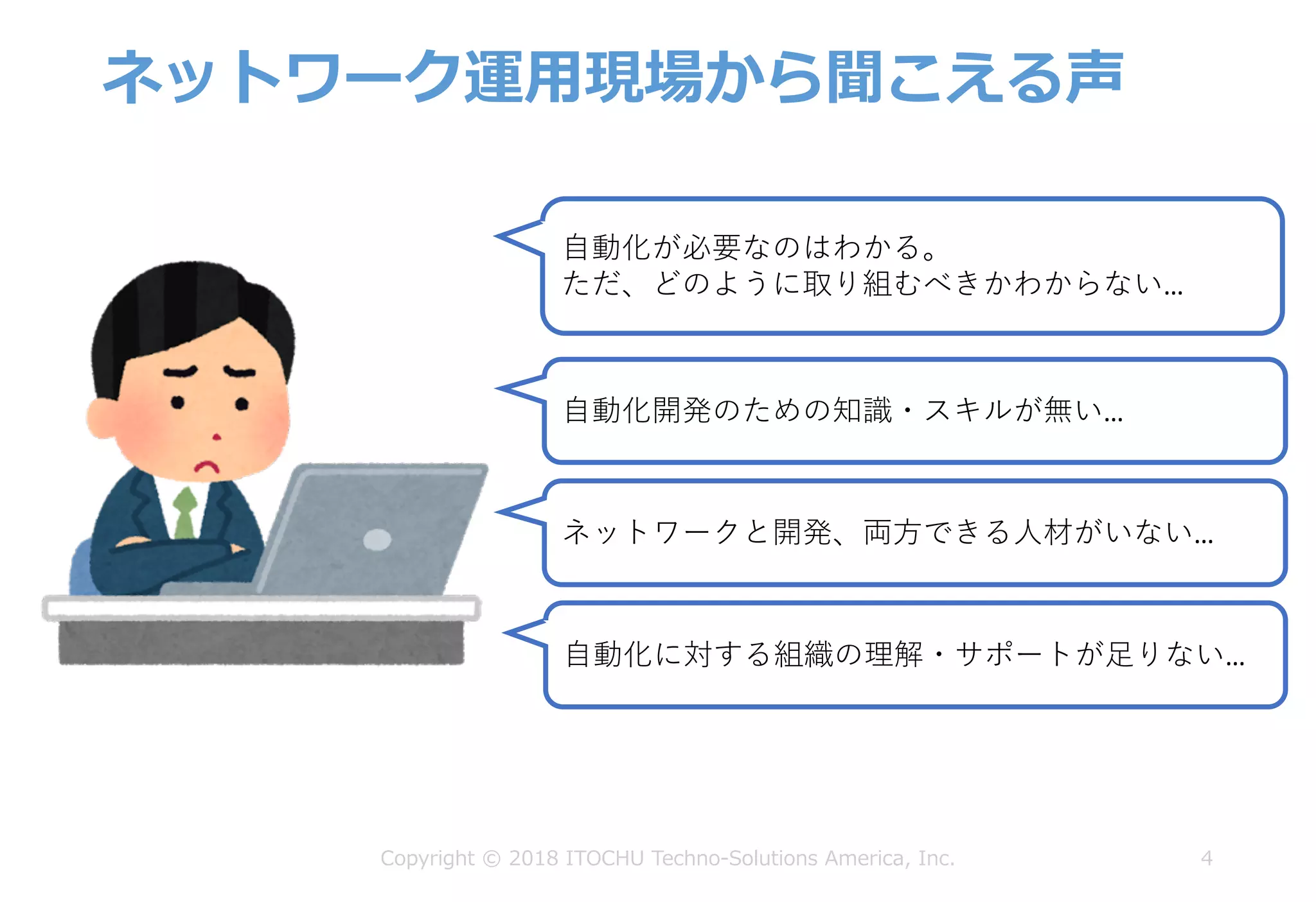 ネットワーク運⽤現場から聞こえる声
4Copyright © 2018 ITOCHU Techno-Solutions America, Inc.
ネットワークと開発、両⽅できる⼈材がいない…
⾃動化開発のための知識・スキルが無い…
⾃動化に対する組織の理解・サポートが⾜りない…
⾃動化が必要なのはわかる。
ただ、どのように取り組むべきかわからない…
 