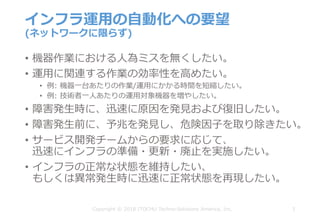 インフラ運⽤の⾃動化への要望
(ネットワークに限らず)
• 機器作業における⼈為ミスを無くしたい。
• 運⽤に関連する作業の効率性を⾼めたい。
• 例: 機器⼀台あたりの作業/運⽤にかかる時間を短縮したい。
• 例: 技術者⼀⼈あたりの運⽤対象機器を増やしたい。
• 障害発⽣時に、迅速に原因を発⾒および復旧したい。
• 障害発⽣前に、予兆を発⾒し、危険因⼦を取り除きたい。
• サービス開発チームからの要求に応じて、
迅速にインフラの準備・更新・廃⽌を実施したい。
• インフラの正常な状態を維持したい、
もしくは異常発⽣時に迅速に正常状態を再現したい。
3Copyright © 2018 ITOCHU Techno-Solutions America, Inc.
 
