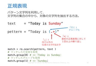 正規表現
39
パターン⽂字列を利⽤して、
⽂字列の集合の中から、対象の⽂字列を抽出する⽅法。
text = “Today is Sunday”
pettern = ”Today is (.+)”
「.」:
改⾏以外の
任意の⽂字列1⽂字
「+」:
直前の正規表現に対して
１回以上の繰り返し
「()」:
グループ化
match = re.search(pettern, text )
# マッチした⾏全体を取得
match.group(0) # =>「Today is Sunday」
# マッチしたグループを取得
match.group(1) # =>「Sunday」
Copyright © 2018 ITOCHU Techno-Solutions America, Inc.
 