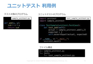 ユニットテスト 利⽤例
43Copyright © 2018 ITOCHU Techno-Solutions America, Inc.
def add(x, y):
sum = x + y
return sum
sample_unittest.py
テスト対象のプログラム ユニットテストのプログラム
import unittest
import sample_unittest
class TestSample(unittest.TestCase):
def test_add(self):
actual = sample_unittest.add(1,2)
expected = 3
self.assertEqual(actual, expected)
if __name__ == "__main__":
unittest.main()
test_sample_unittest.py
├── sample_unittest.py
└── tests
└── test_sample_unittest.py
ファイル構成
 