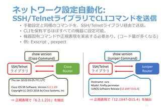 ネットワーク設定⾃動化:
SSH/TelnetライブラリでCLIコマンドを送信
• ⼿動設定と同様のコマンドを、SSH/Telnetライブラリ経由で送信。
• CLIを保有するほぼすべての機器に設定可能。
• 機器固有コマンドや正規表現を実装する必要あり。(コード量が多くなる)
• 例: Exscript , pexpect
51
Cisco
Router
SSH/Telnet
ライブラリ
show	version	
(Cisco	Command)
Juniper
Router
SSH/Telnet
ライブラリ
show	version
(Juniper	Command)
Hostname:	vsrx
Model:	firefly-perimeter
JUNOS	Software	Release	[12.1X47-D15.4]
.	.	.	
⇒ 正規表現で「6.2.1.231」を抽出 ⇒ 正規表現で「12.1X47-D15.4」を抽出
Thu	Jan	18	02:03:05.771	UTC
Cisco	IOS	XR	Software,	Version	6.2.1.23I
Copyright	(c)	2013-2016	by	Cisco	Systems,	Inc.	
.	.	.		
 
