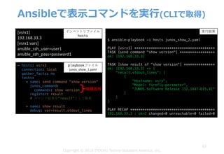 Ansibleで表⽰コマンドを実⾏(CLIで取得)
62
Copyright © 2018 ITOCHU Techno-Solutions America, Inc.
[vsrx1]
192.168.33.3
[vsrx1:vars]
ansible_ssh_user=user1
ansible_ssh_pass=password1
インベントリファイル
hosts
- hosts: vsrx1
connection: local
gather_facts: no
tasks:
- name: send command "show version"
junos_command:
commands: show version
register: result
# コマンド結果を"result"として保有
- name: show result
debug: var=result.stdout_lines
playbookファイル
junos_show_1.yaml
$ ansible-playbook -i hosts junos_show_2.yaml
PLAY [vsrx1] ***************************************
TASK [send command "show version"] *****************
ok: [192.168.33.3]
TASK [show result of "show version"] ***************
ok: [192.168.33.3] => {
"result.stdout_lines": [
[
"Hostname: vsrx",
"Model: firefly-perimeter",
"JUNOS Software Release [12.1X47-D15.4]"
]
]
}
PLAY RECAP *****************************************
192.168.33.3 : ok=2 changed=0 unreachable=0 failed=0
実⾏結果
機種固有
 