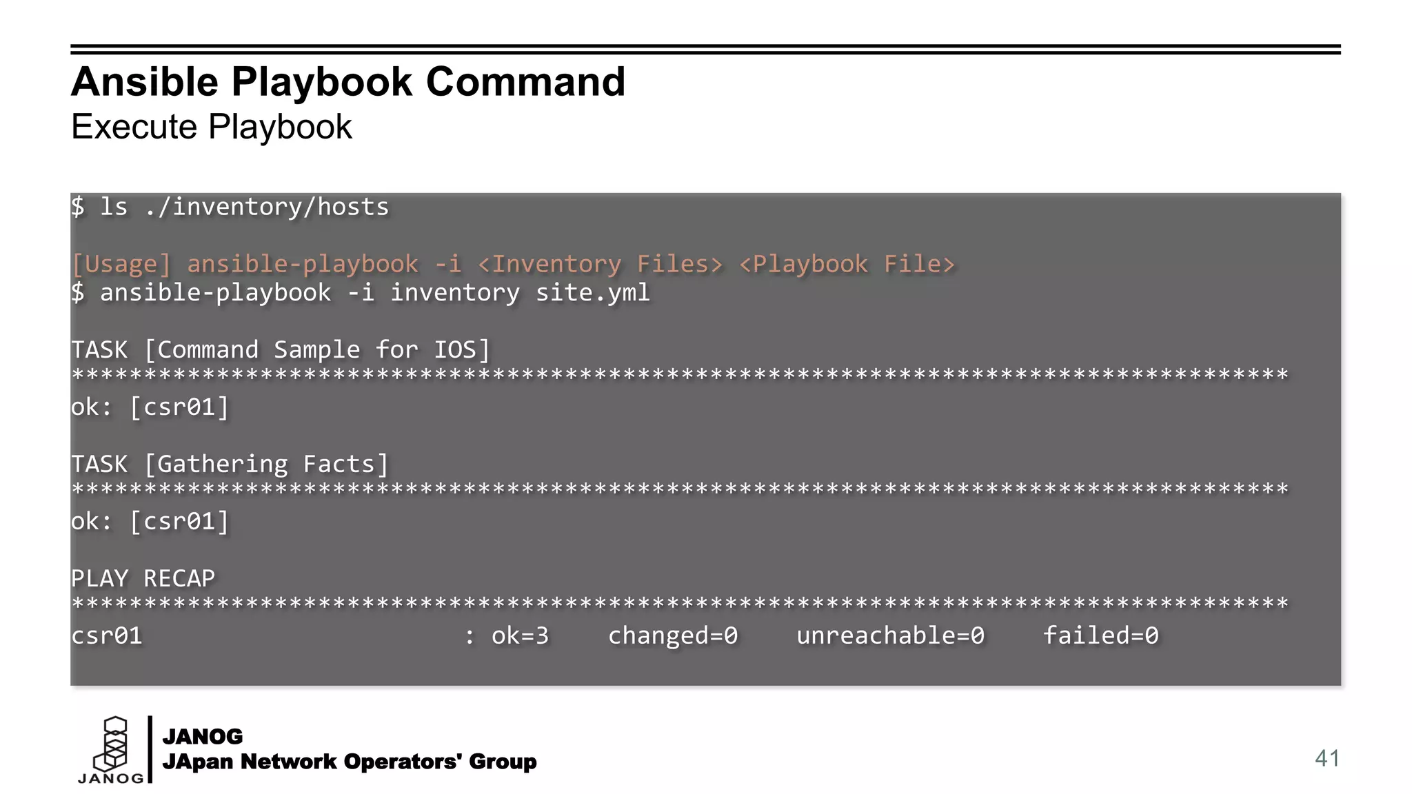 JANOG
JApan Network Operators' Group
Ansible Playbook Command
Execute Playbook
41
$ ls ./inventory/hosts
[Usage] ansible-playbook -i <Inventory Files> <Playbook File>
$ ansible-playbook -i inventory site.yml
TASK [Command Sample for IOS]
************************************************************************************
ok: [csr01]
TASK [Gathering Facts]
************************************************************************************
ok: [csr01]
PLAY RECAP
************************************************************************************
csr01 : ok=3 changed=0 unreachable=0 failed=0
 