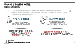 JANOG
JApan Network Operators' Group
“ ”
サイロ化する自動化の回避
自動化は意識改革
13
Ansible’s simple automation framework means that previously isolated
network administrators can finally speak the same language of automation as
the rest of the IT organization.
マネジメントの意識改革 エンジニアの意識改革
工数削減できるという期待で、
自動化することが目的となってしまう。
自動化は手段の一つであり、
自動化することで品質と
短納期を目的とする。
再利用できる自動化を目指し、
最終的な効果を測定できるようにする。
属人的に自動化を行うことで、
内容が複雑化されると同時に
寿命が短く、無駄な工数になってしまう。
 