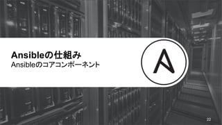 Ansibleの仕組み
Ansibleのコアコンポーネント
22
 