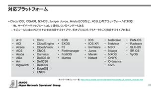 JANOG
JApan Network Operators' Group
対応プラットフォーム
– Cisco IOS、IOS-XR、NX-OS、Juniper Junos、Arista EOSなど、40以上のプラットフォームに対応
– 他、サードパーティモジュールとして提供しているベンダーもある
– モジュールにはコマンドをそのまま指定するタイプや、各オプションをパラメータとして指定するタイプがある
46
• A10
• ACI
• Aireos
• AOS
• Aruba
• ASA
• Avi
• Bigswitch
• Citrix
• CloudEngine
• CloudVision
• CNOS
• Cumulus
• DellOS10
• DellOS6
• DellOS9
• EdgeOS
• ENOS
• EOS
• EXOS
• F5
• Fortimanager
• FortiOS
• Illumos
• IOS
• IOS-XR
• IronWare
• Junos
• Meraki
• Netact
• Netscaler
• Netvisor
• NSO
• Nuage
• NXOS
• ONYX
• Ordnance
• OVS
• PAN-OS
• Radware
• SLX-OS
• SR OS
• VyOS
ネットワークモジュール一覧 https://docs.ansible.com/ansible/latest/modules/list_of_network_modules.html
 