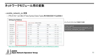 JANOG
JApan Network Operators' Group
ネットワークモジュール用の変数
– ansible_network_os 変数
– プラットフォームに応じて「ios」「junos」「eos」「vyos」等の値を設定する必要あり
50
https://docs.ansible.com/ansible/latest/network/user_guide/platform_index.html#settings-by-platform
インベントリファイルで指定する例
[ios:vars]
ansible_connection=network_cli
ansible_network_os=ios
 