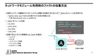 JANOG
JApan Network Operators' Group
ネットワークモジュール利用時のファクトの収集方法
– 対象ネットワーク機器のファクト（システム情報）を収集するためには「*_facts」モジュールを利用する
– 「gather_facts: yes」ではAnsible実行ホスト自身の情報となる
– 不要であれば「gather_facts: no」を指定する
– *_facts モジュールの例
– ios_facts
– junos_facts
– eos_facts
– vyos_facts
– 収集できるシステム情報例（ios_facts の場合）
– コンフィグ
– ホスト名
– インターフェース情報
– ファームウェア情報
– LLDPネイバー情報
51
- hosts: ios
gather_facts: yes
connection: network_cli
tasks:
- ios_facts:
Ansible 実行ホスト 対象NW機器
ファクト収集
ファクト収集
 