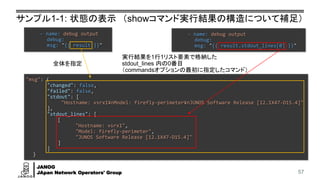 JANOG
JApan Network Operators' Group
サンプル1-1: 状態の表示 （showコマンド実行結果の構造について補足）
57
"msg": {
"changed": false,
"failed": false,
"stdout": [
"Hostname: vsrx1¥nModel: firefly-perimeter¥nJUNOS Software Release [12.1X47-D15.4]"
],
"stdout_lines": [
[
"Hostname: vsrx1",
"Model: firefly-perimeter",
"JUNOS Software Release [12.1X47-D15.4]"
]
]
}
- name: debug output
debug:
msg: "{{ result }}"
- name: debug output
debug:
msg: "{{ result.stdout_lines[0] }}"
全体を指定
実行結果を1行1リスト要素で格納した
stdout_lines 内の0番目
（commandsオプションの最初に指定したコマンド）
 