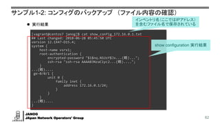JANOG
JApan Network Operators' Group
サンプル1-2: コンフィグのバックアップ （ファイル内容の確認）
62
[vagrant@centos7 janog]$ cat show_config_172.16.0.1.txt
## Last changed: 2018-06-28 05:45:50 UTC
version 12.1X47-D15.4;
system {
host-name vsrx1;
root-authentication {
encrypted-password "$1$nq.N1UsY$Jx...(略)...";
ssh-rsa "ssh-rsa AAAAB3NzaC1yc2...(略)....";
}
...(略)....
ge-0/0/1 {
unit 0 {
family inet {
address 172.16.0.1/24;
}
}
}
...(略)....
}
⚫ 実行結果
インベントリ名（ここではIPアドレス）
を含むファイル名で保存されている
show configuration 実行結果
 