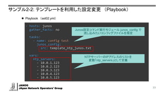 JANOG
JApan Network Operators' Group
サンプル2-2: テンプレートを利用した設定変更 （Playbook）
77
- hosts: junos
gather_facts: no
tasks:
- name: config test
junos_config:
src: template_ntp_junos.txt
vars:
ntp_servers:
- 10.0.1.123
- 10.0.2.123
- 10.0.3.123
- 10.0.4.123
- 10.0.5.123
⚫ Playbook （set02.yml）
NTPサーバーのIPアドレスのリストを
変数「ntp_servers」として定義
Junos設定コマンド実行モジュール junos_config で
流し込みたいコンフィグファイルを指定
 