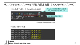 JANOG
JApan Network Operators' Group
{% for n in ntp_servers %}
set system ntp server {{ n }}
{% endfor %}
サンプル2-2: テンプレートを利用した設定変更 （コンフィグテンプレート）
78
⚫ コンフィグテンプレート （template_ntp_j.txt ） Playbook内で定義された変数
ntp_servers の内容が入る
for 文による繰り返し
set system ntp server 10.0.1.123
set system ntp server 10.0.2.123
set system ntp server 10.0.3.123
set system ntp server 10.0.4.123
set system ntp server 10.0.5.123
⚫ 生成されるコンフィグ
※ テンプレートエンジン jinja2 を利用
 