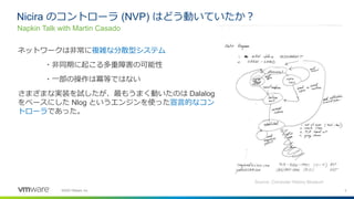 2©2020 VMware, Inc.
ネットワークは非常に複雑な分散型システム
・非同期に起こる多重障害の可能性
・一部の操作は冪等ではない
さまざまな実装を試したが、最もうまく動いたのは Dalalog
をベースにした Nlog というエンジンを使った宣言的なコン
トローラであった。
Nicira のコントローラ (NVP) はどう動いていたか？
Napkin Talk with Martin Casado
Source: Computer History Museum
 
