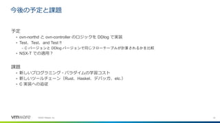24©2020 VMware, Inc.
予定
• ovn-northd と ovn-controller のロジックを DDlog で実装
• Test、Test、and Test !!
– C バージョンと DDlog バージョンで同じフローテーブルが計算されるかを比較
• NSX-T での適用？
課題
• 新しいプログラミング・パラダイムの学習コスト
• 新しいツールチェーン（Rust、Haskel、デバッガ、etc.）
• C 実装への追従
今後の予定と課題
 