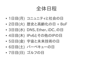 全体日程
●   1日目(月) コニュニティと社会の日
●   2日目(火) 歴史と高齢化の日 + BoF
●   3日目(水) DNS、Ether、iDC、の日
●   4日目(木) IPv6とその他のIPの日
●   5日目(金) 宇宙と未来技術の日
●   6日目(土) バーベキューの日
●   7日目(日) ゴルフの日
 