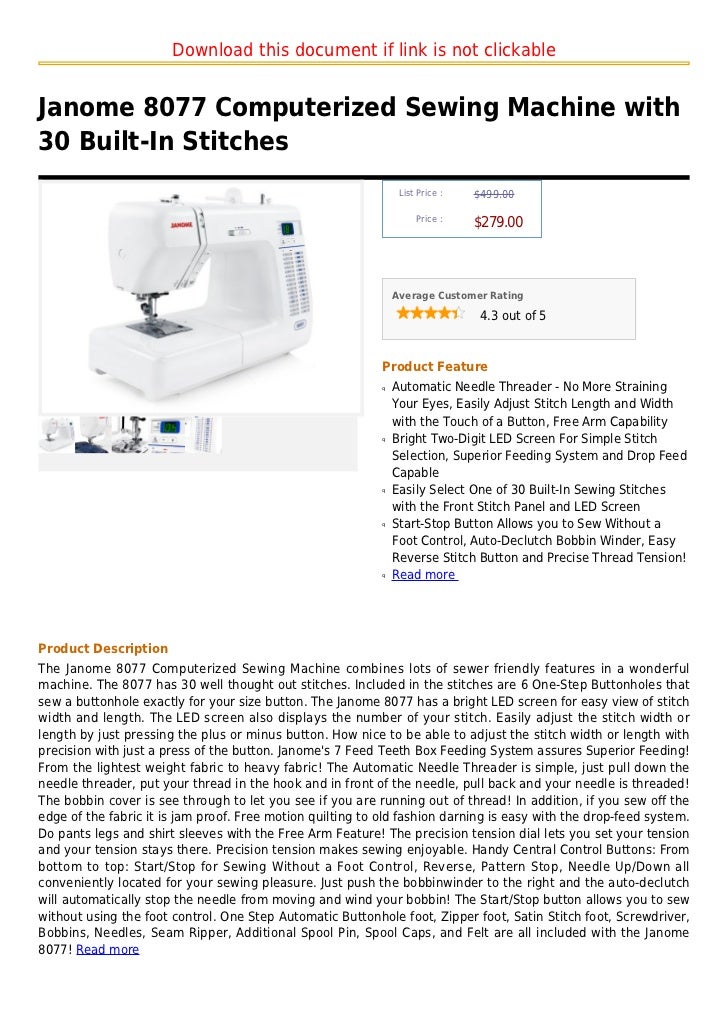Janome 8077 computerized sewing machine with 30 built in stitches