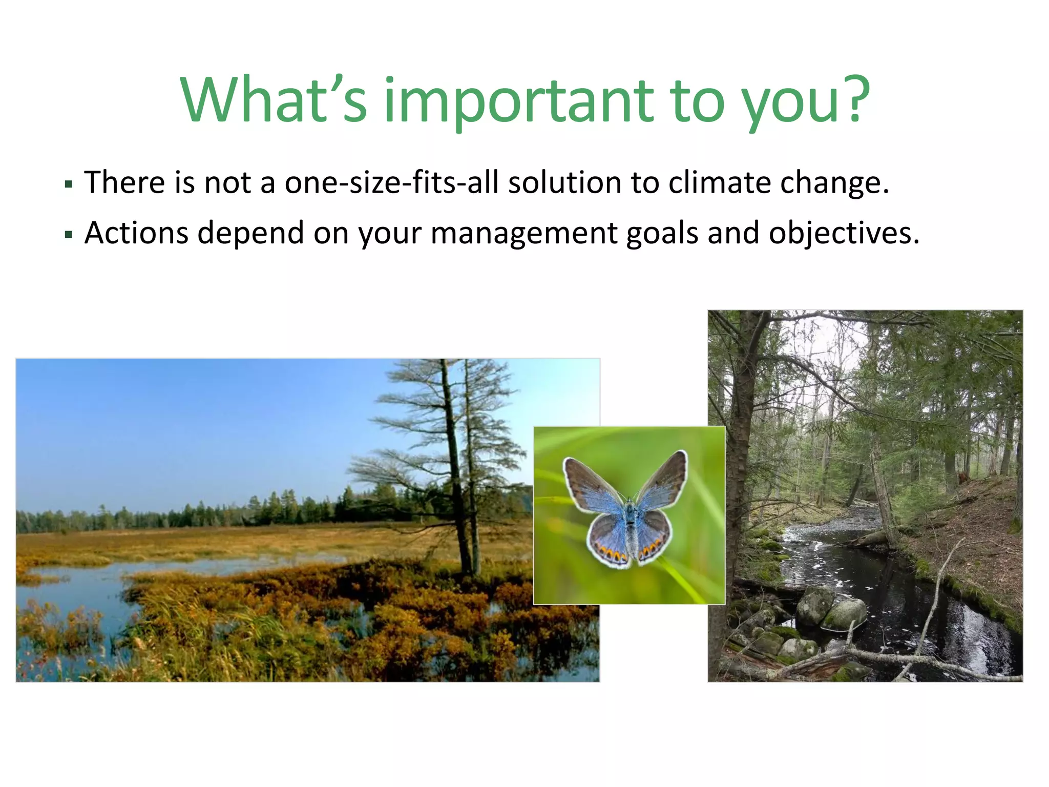 What’s important to you?
 There is not a one-size-fits-all solution to climate change.
 Actions depend on your management goals and objectives.
 