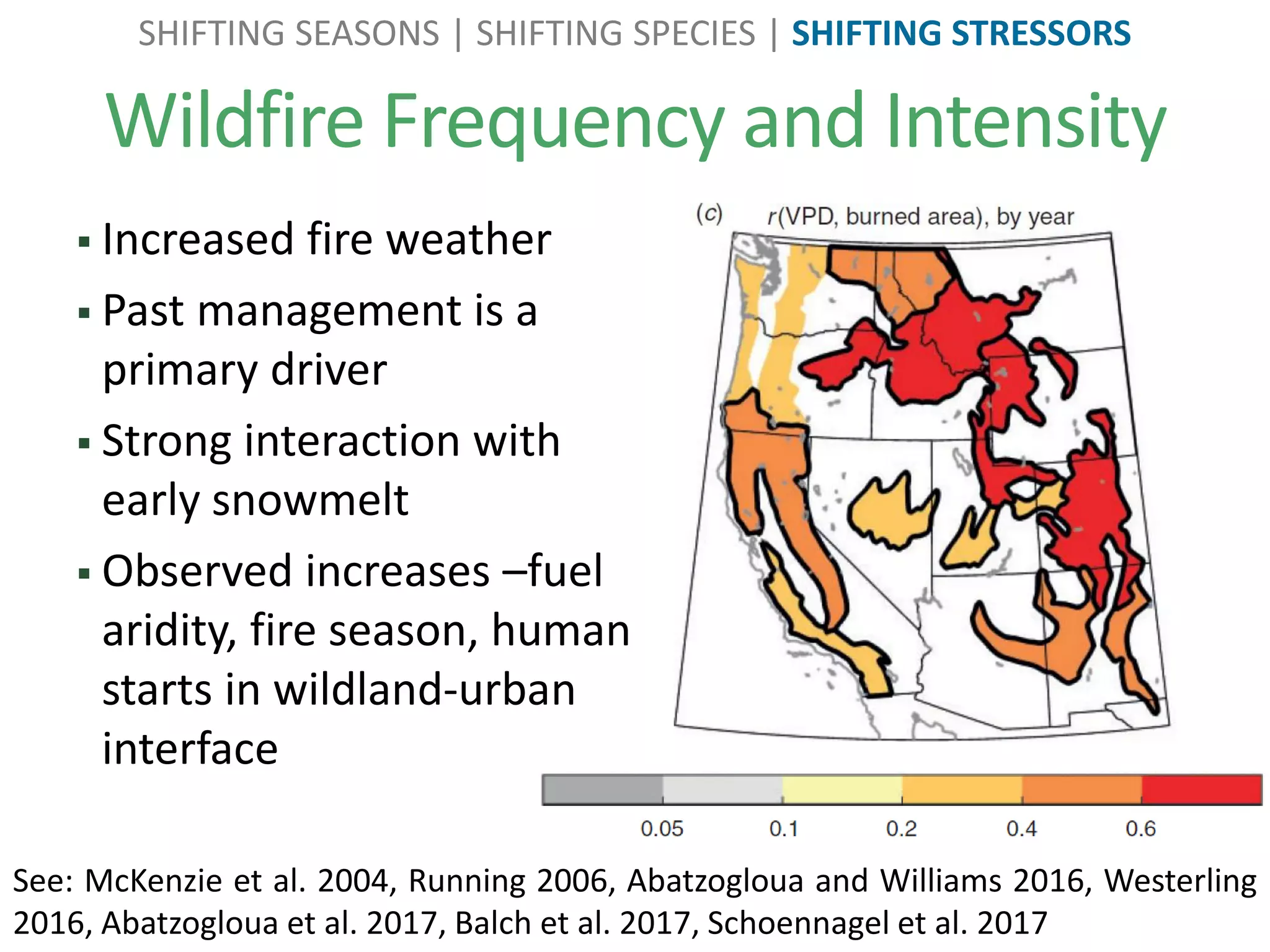See: McKenzie et al. 2004, Running 2006, Abatzogloua and Williams 2016, Westerling
2016, Abatzogloua et al. 2017, Balch et al. 2017, Schoennagel et al. 2017
Wildfire Frequency and Intensity
 Increased fire weather
 Past management is a
primary driver
 Strong interaction with
early snowmelt
 Observed increases –fuel
aridity, fire season, human
starts in wildland-urban
interface
SHIFTING SEASONS | SHIFTING SPECIES | SHIFTING STRESSORS
 