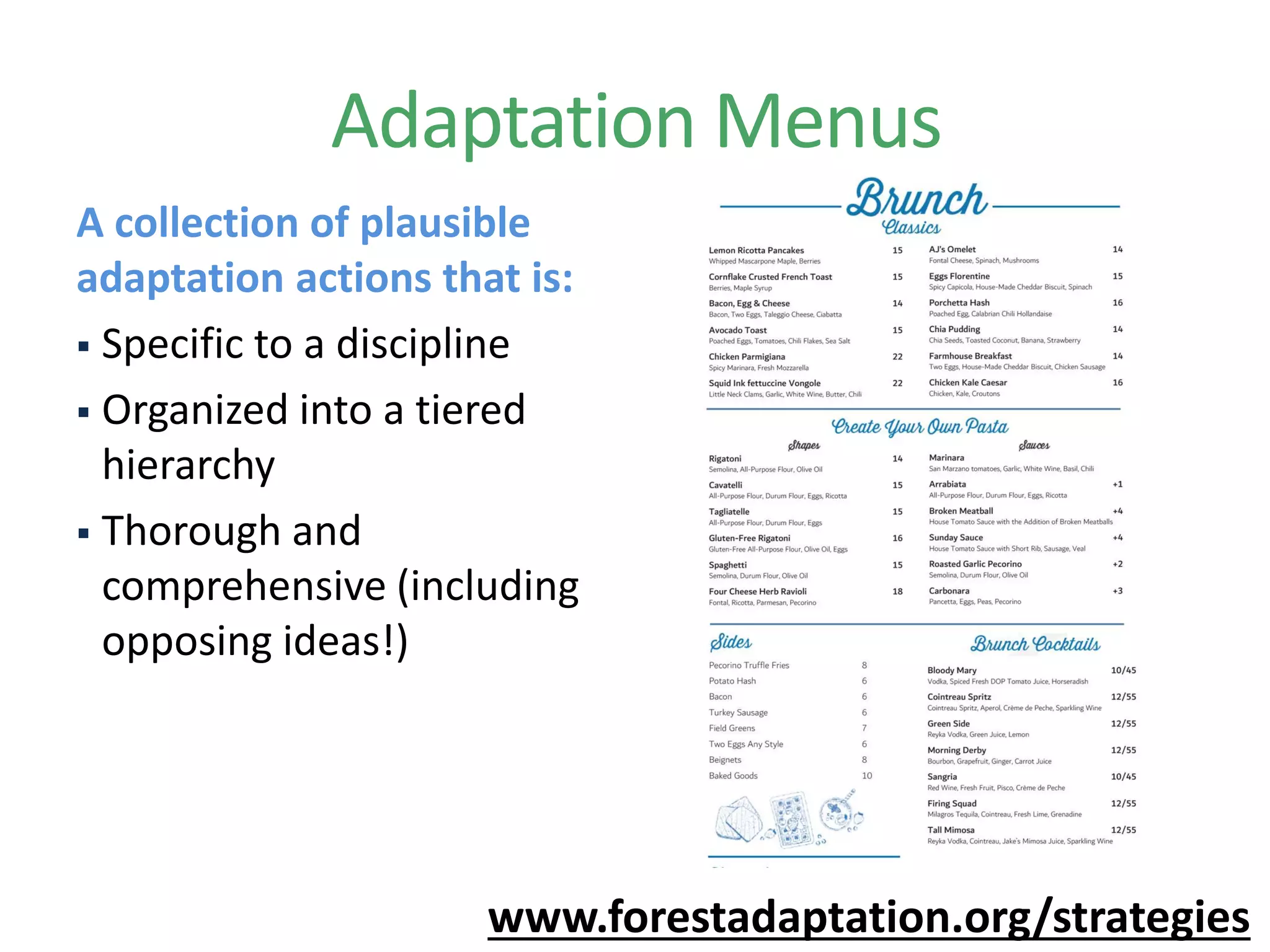 Adaptation Menus
A collection of plausible
adaptation actions that is:
 Specific to a discipline
 Organized into a tiered
hierarchy
 Thorough and
comprehensive (including
opposing ideas!)
www.forestadaptation.org/strategies
 